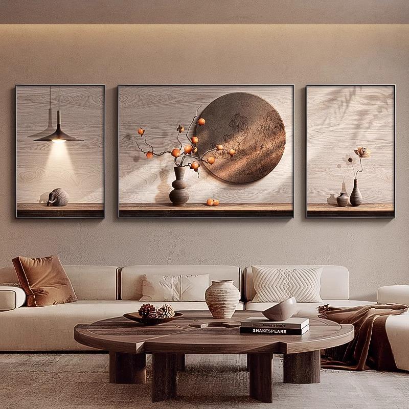 中古风客厅柿柿如意装饰画三联画