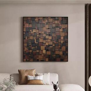 中古风玄关装饰画高级感客厅沙发背景墙挂画复古木纹书房茶室壁画