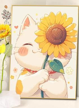 可爱猫咪向日葵客厅电视柜摆件装饰画治愈系卡通玄关斗柜摆画挂画