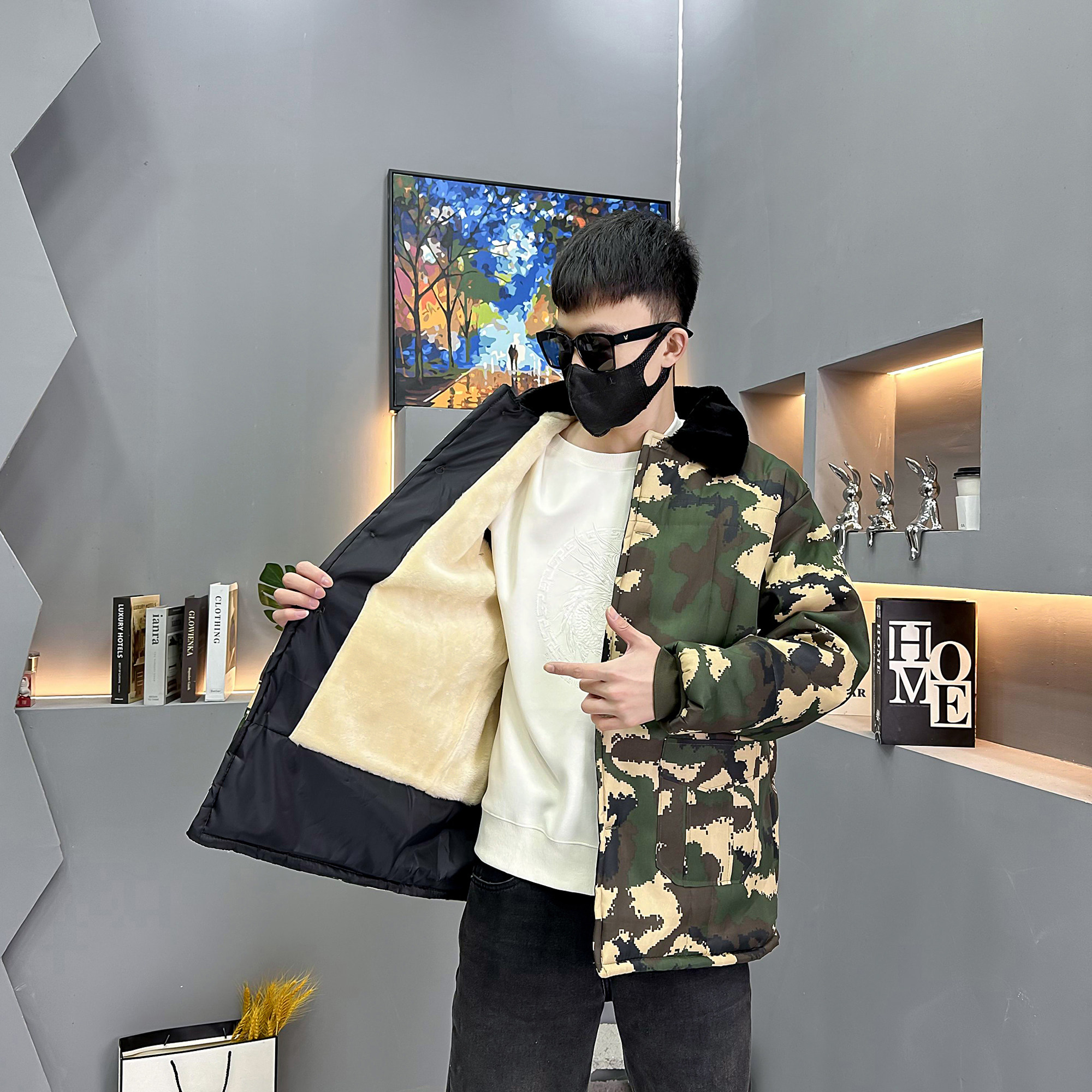 冬季迷彩加绒加厚短款工作服耐磨耐脏防寒带帽防风棉袄大衣棉