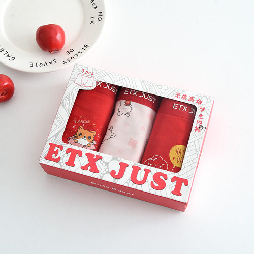 儿童内裤ETXJUST女童四角底裤中大童棉初中生平角女孩红色喜庆