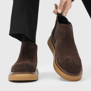 中高帮皮鞋 英伦男士 套脚反绒磨砂厚底切尔西短靴子潮 新款 2026时尚