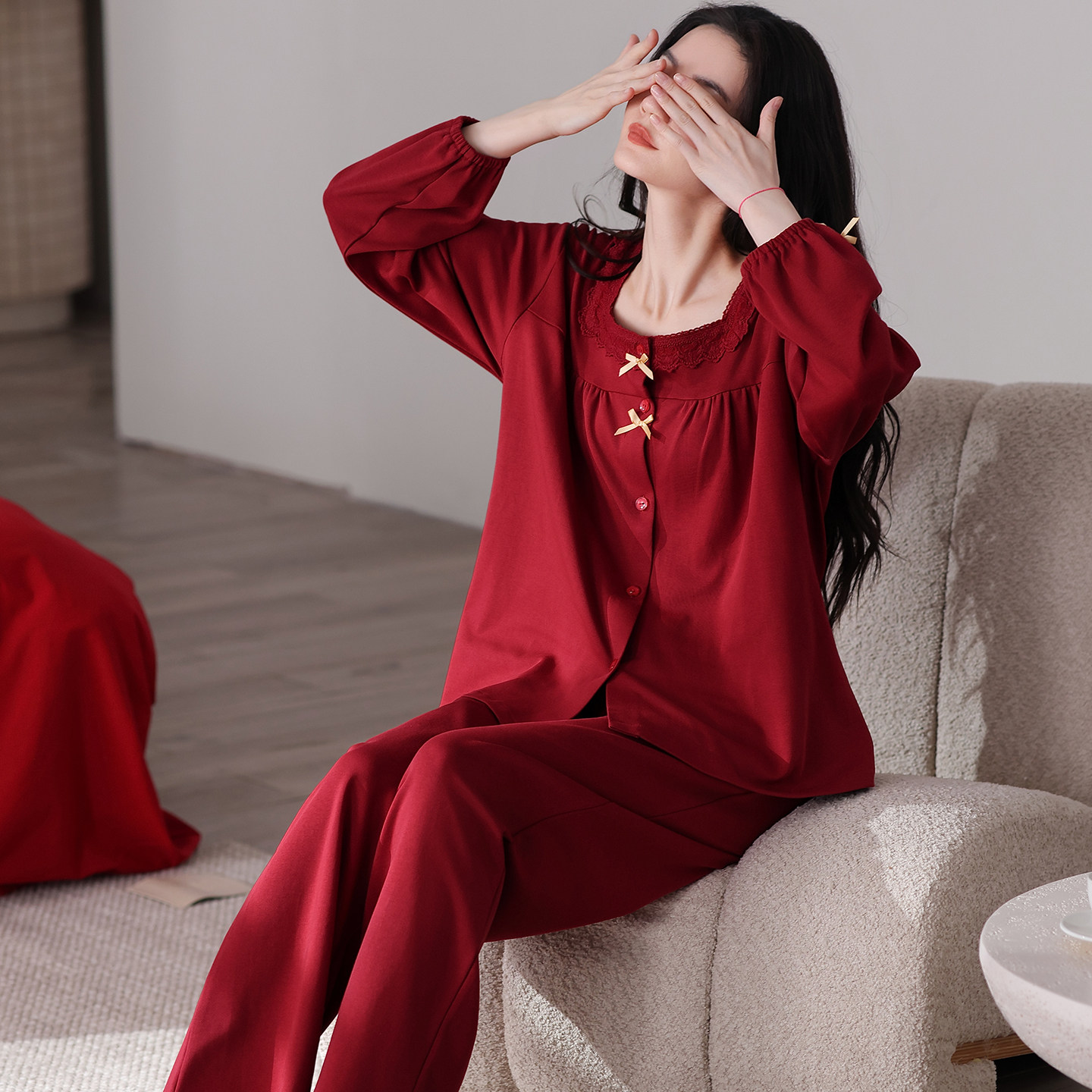 睡衣女春秋季纯棉长袖本命年结婚大红色高级感薄款外穿家居服套装