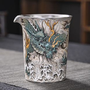 茶具礼品银茶具真银包银上作画青龙公道杯茶海匀杯一体茶漏茶过滤