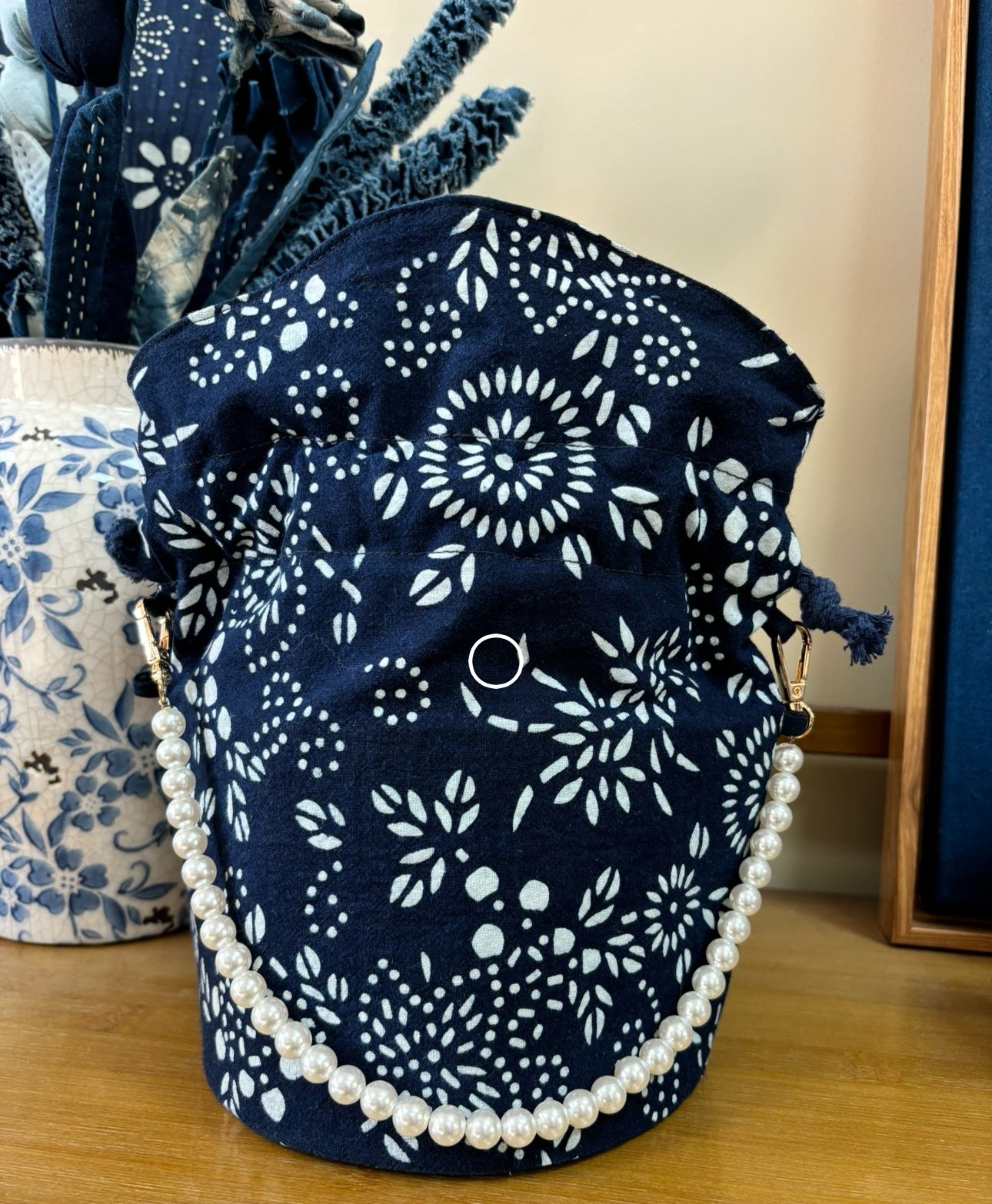 南通特产非遗植物染蓝印花布发财筒包/珍珠手提/单肩/斜挎包