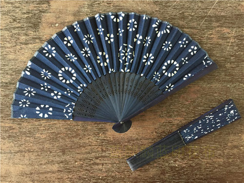纯手工南通蓝麒麟蓝印花布礼品女士明清中国风复古折扇子工艺扇子