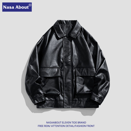 NASA ABOUT美式棒球服男款秋冬季加绒加厚外套飞行员pu皮夹克男
