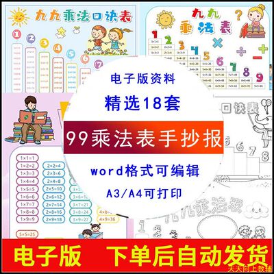 小学生乘法手抄报电子版九九乘法口诀表小报模板黑白线稿A4可打印