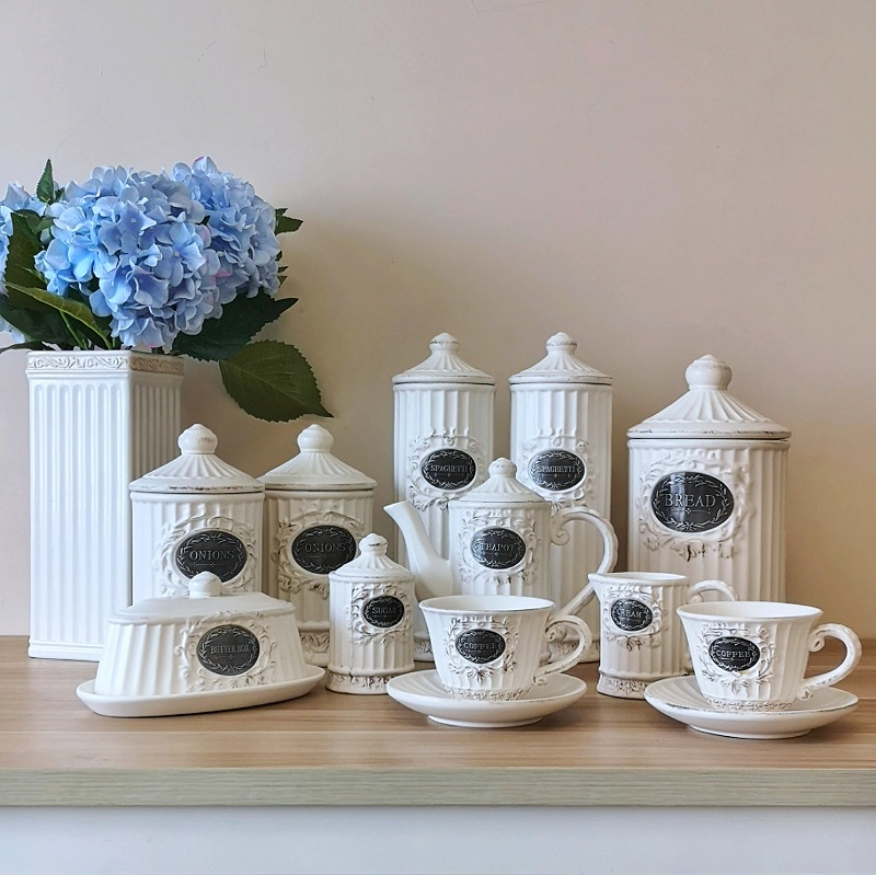 仿古做旧风格储物罐面条罐咖啡杯具牛油碟家用餐具套装 十一件套