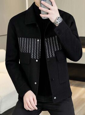 拼接男士痞帅短款冬季双面呢条纹毛呢翻领大衣时尚休闲呢子夹克潮