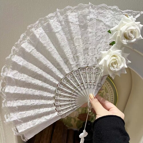 原创 扇子仙女女神白色蕾丝玫瑰花性感复古风折扇汉服旗袍 cos