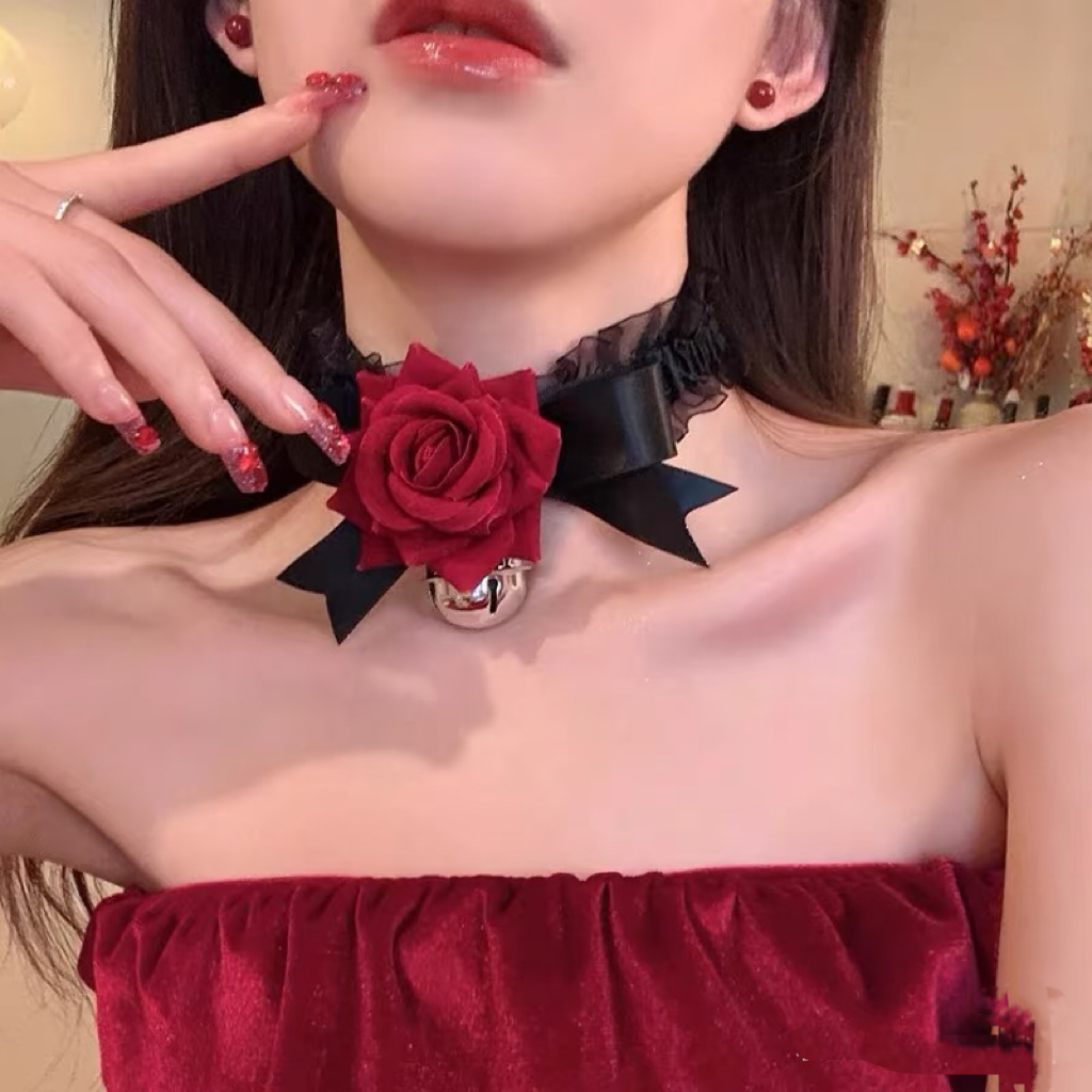 洛丽塔猫咪铃铛酒红色女仆项链