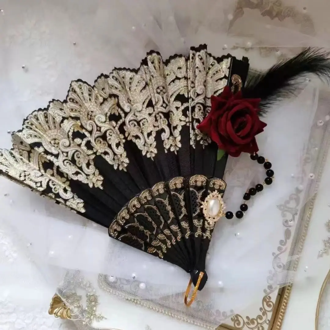 洛丽塔欧式复古浮雕烫金花嫁茶会Lolita羽毛玫瑰折扇黑色白色现货