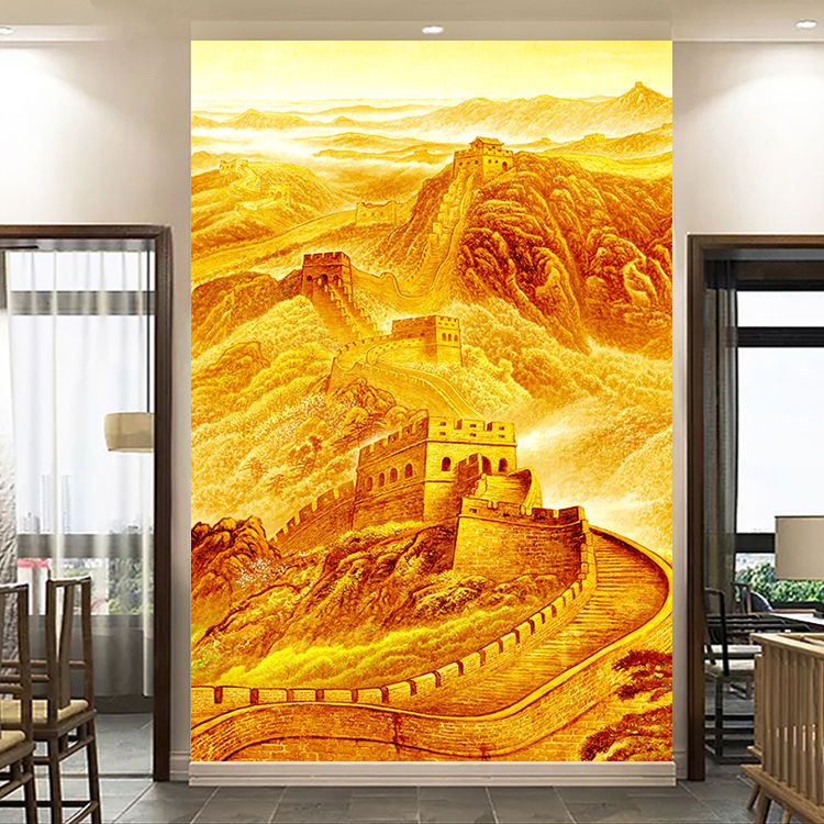 金色万里长城竖版靠山图招财风水画 画玄关装饰画 画走廊尽头墙贴