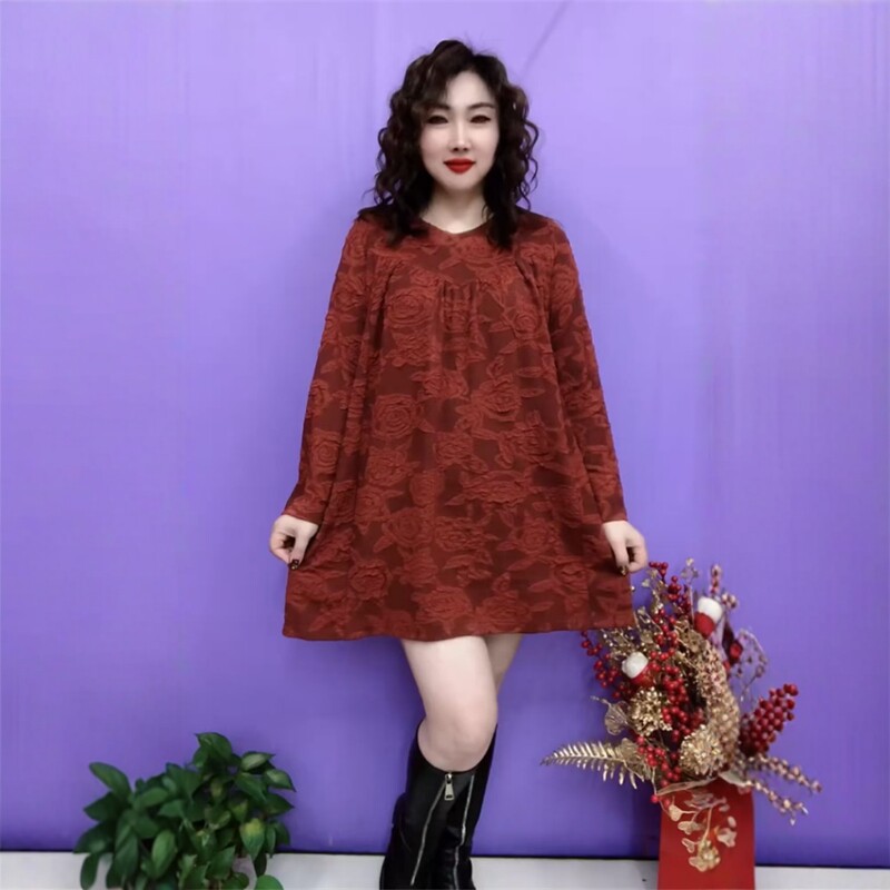 春季新款锈红色提花女士大版衫宽松遮肚显瘦时尚洋气中长款上衣女