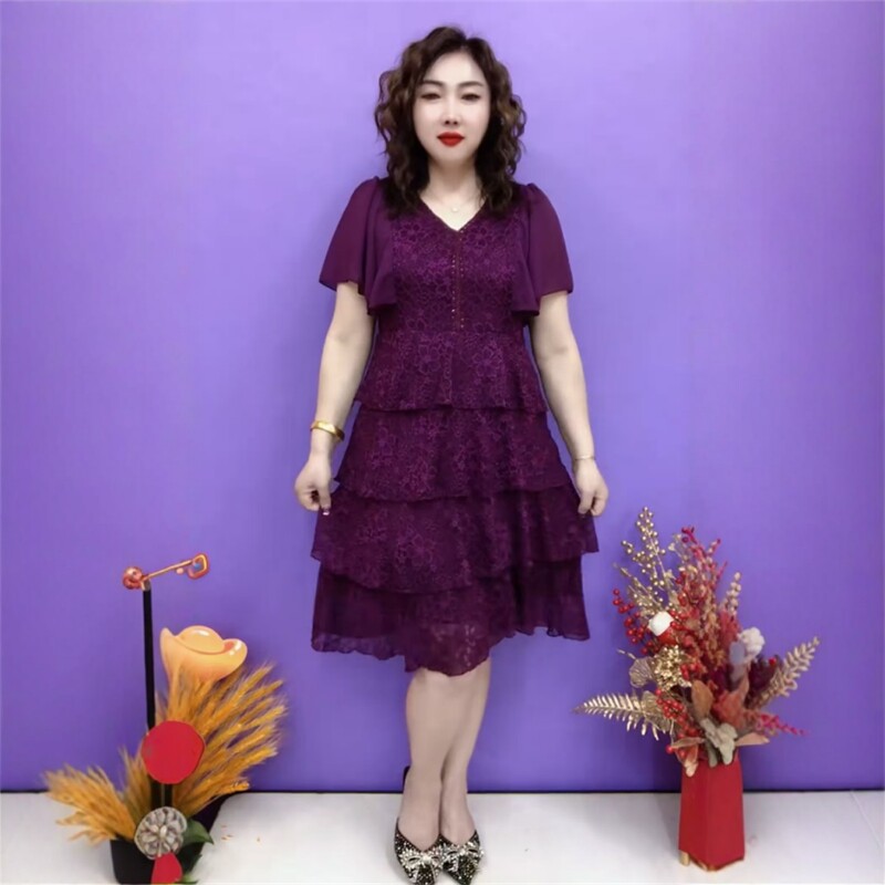 中年妈妈夏季新款连衣裙宽松腰遮肚显瘦时尚洋气减龄中长款蛋糕裙