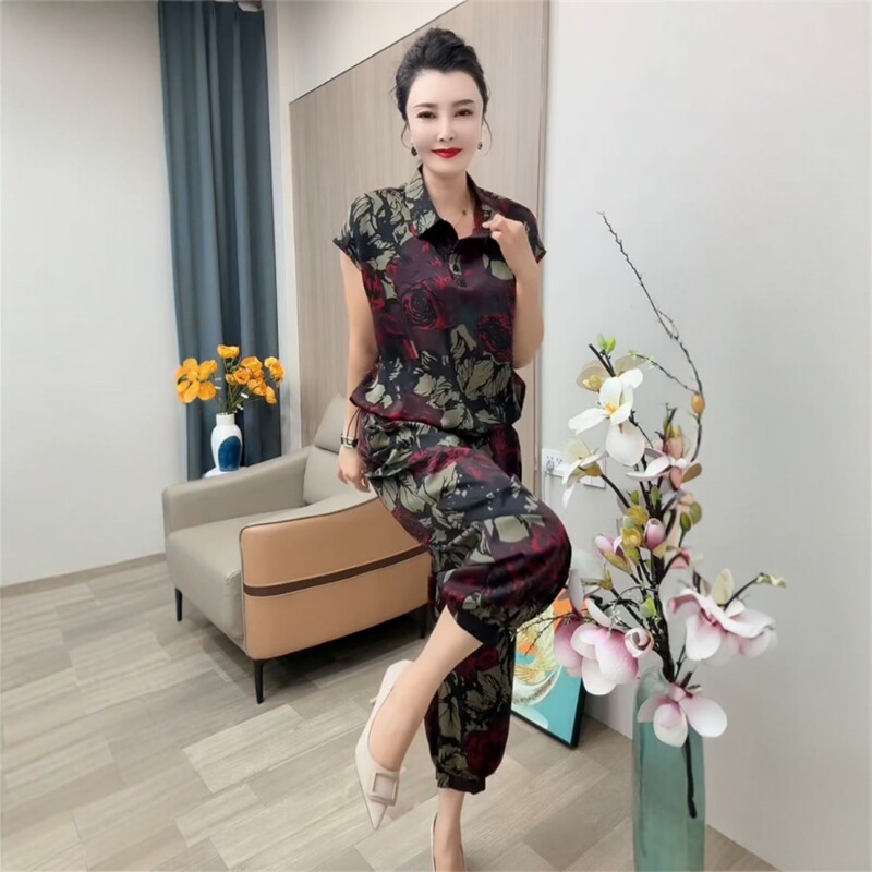 中年妈妈夏季新款休闲套装插肩袖抽绳上衣松紧腰八分裤洋气两件套
