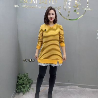 冬季新款加厚保暖条纹卫衣女蕾丝边遮肚显瘦时尚减龄中长款打底衫