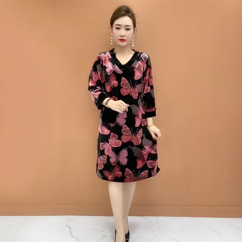 中年妈妈春秋款丝绒连衣裙宽松遮肚显瘦时尚气质百搭九分袖中长裙