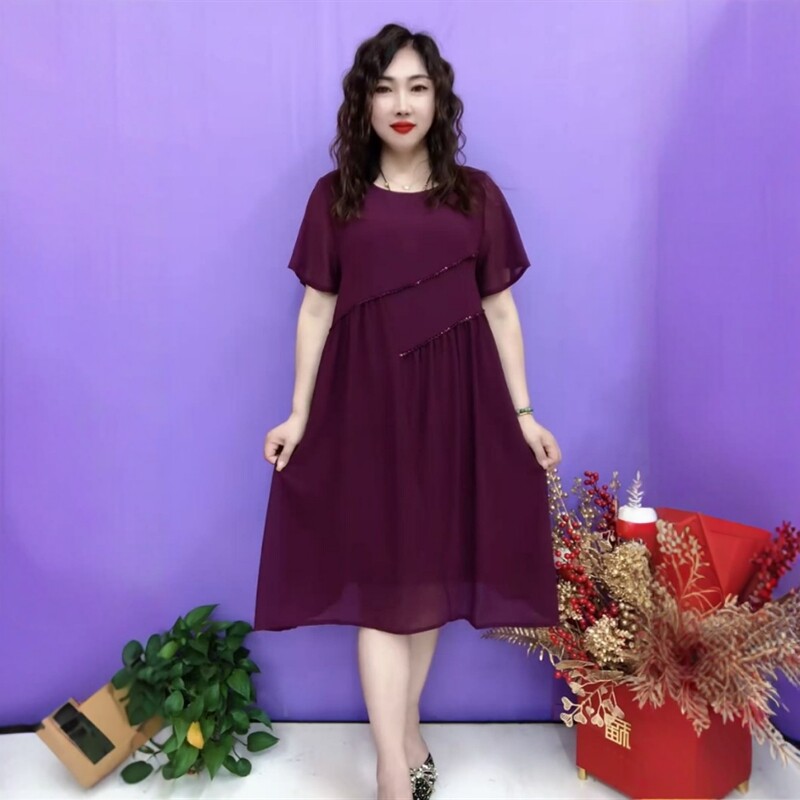纯色亮片拼接抽褶连衣裙夏季新款宽松遮肚显瘦清凉透气轻熟风纱裙