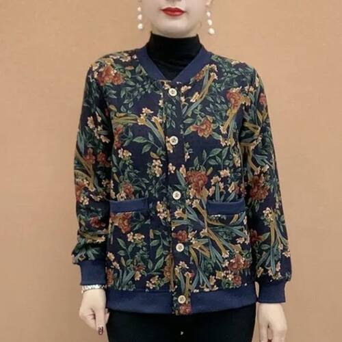 中老年新款开衫妈妈外套加绒宽松保暖棒球服时尚洋气百搭碎花上衣