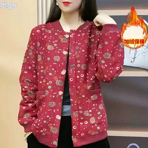 妈妈装爆款棉衣外套春秋新款加绒格子上衣中年女装开衫保暖棒球服