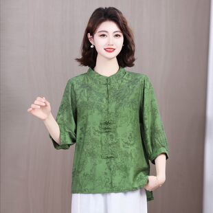 宽松设计感七分袖 女夏季 气质上衣 苎麻盘扣小领刺绣衬衫 复古新中式