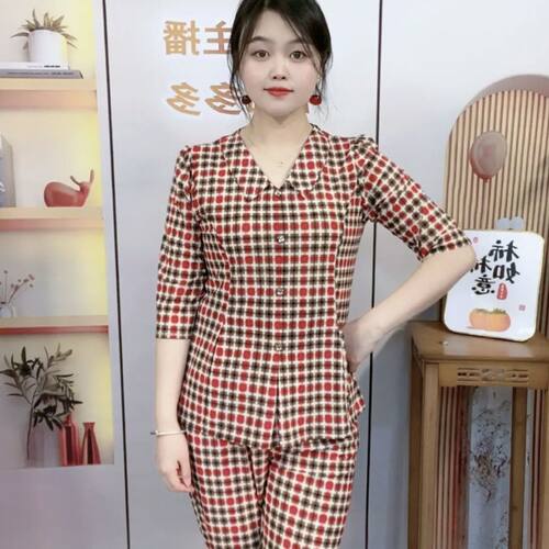 妈妈夏季新款格子中袖两件套中老年时尚洋气套装冰丝休闲减龄裤子