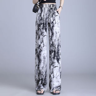 高个子冰丝阔腿裤女2023夏薄水墨画扎染高腰垂感雪纺休闲直筒长裤