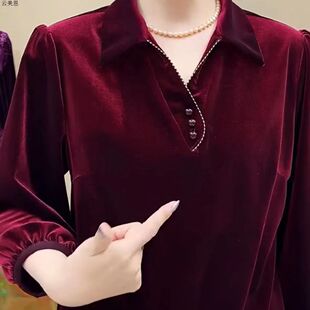 宽松遮肚子 女长袖 洋气中老年人妈妈装 加肥加大2025年春秋丝绒衬衫