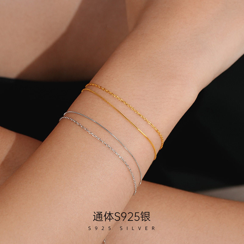 精品S925纯银极简双层链盒仔十字链手链女镀18K金纤细百搭手饰