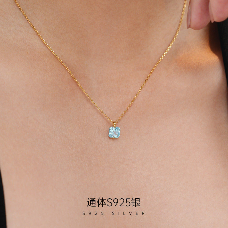 精品S925纯银日系海蓝锆石方糖项链女轻奢精致镀18K金颈链配饰