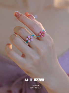 春天花会开琉璃古董珠花朵串珠戒指女款甜美小清新百搭弹力食指戒