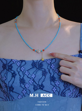 新中式蓝色松石串珠项链配饰女轻奢复古高级感气质百搭国风锁骨链
