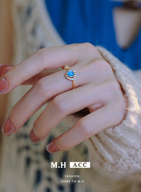 复古蓝色猫眼石戒指女款轻奢中古风时尚简约气质高级感百搭食指戒