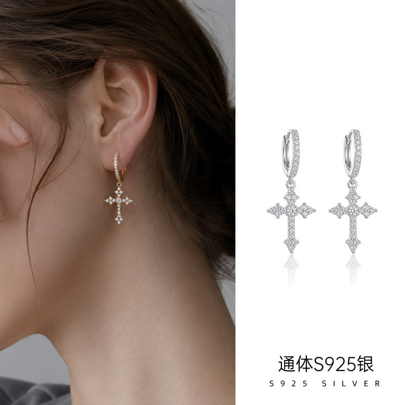 精品S925纯银美式痞帅满钻十字架耳环欧美小众时尚男女耳坠耳饰