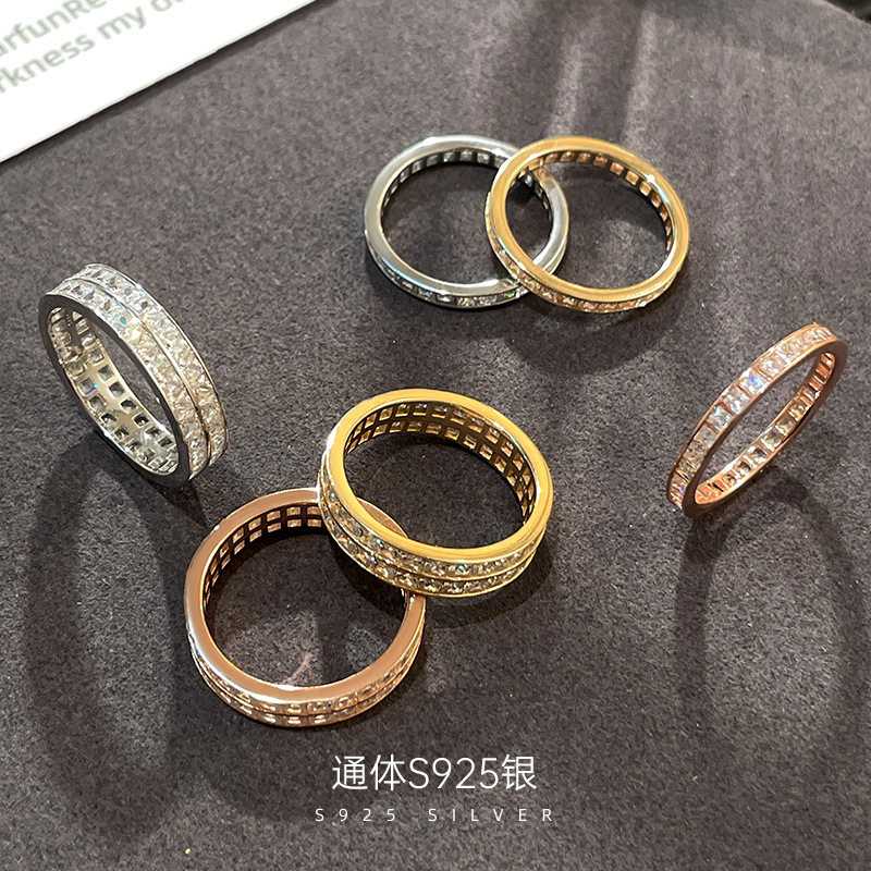 精品S925银单双排钻轻奢饰品戒指女简约高级感ins闭口指环热卖
