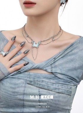 ins清新蓝色蝴蝶项链女轻奢小众高级感叠戴锁骨链时尚气质项饰