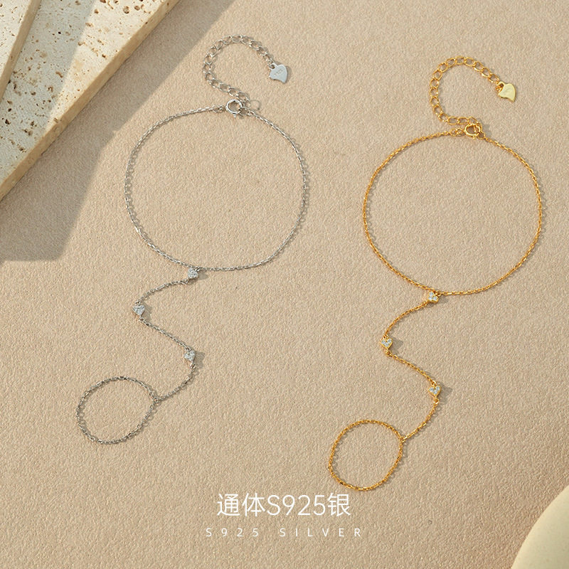精品S925纯银亚马逊爱心镶钻连指手链女一体式时尚小众手饰热卖