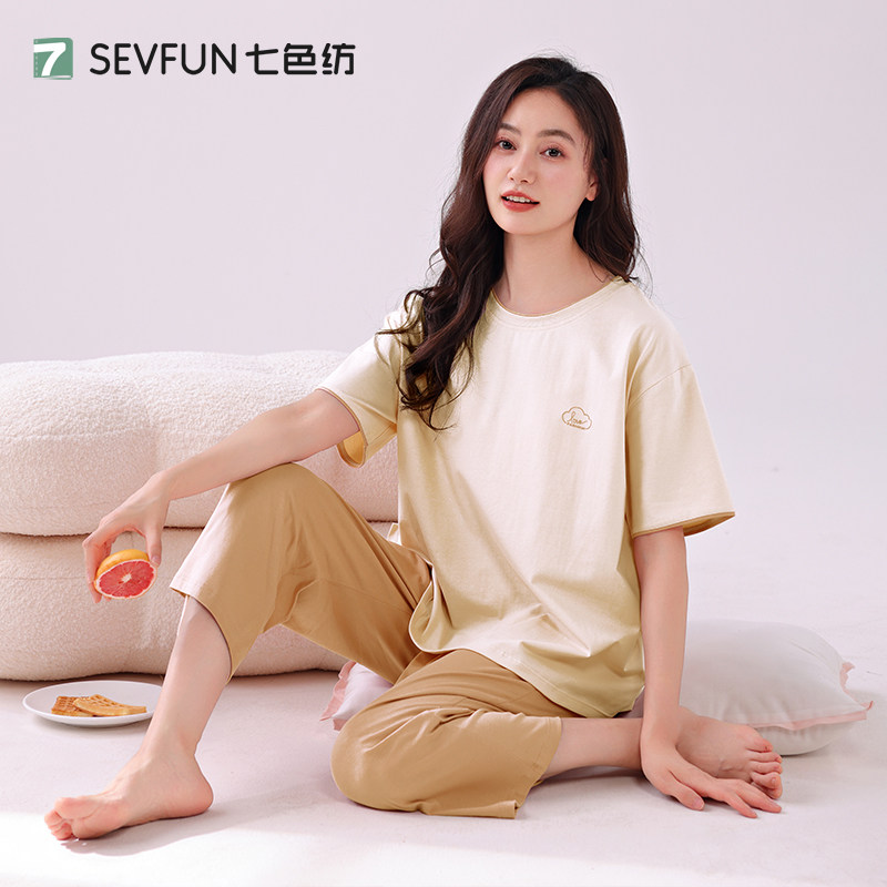 七色纺纯棉睡衣女夏薄款短袖七分裤套装2025新款圆领可外穿家居服图片