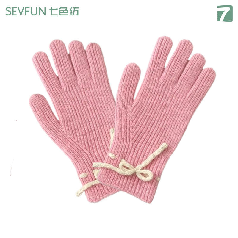 七色纺七色纺手套女冬季保暖防寒可爱蝴蝶结针织毛线五指分指手套