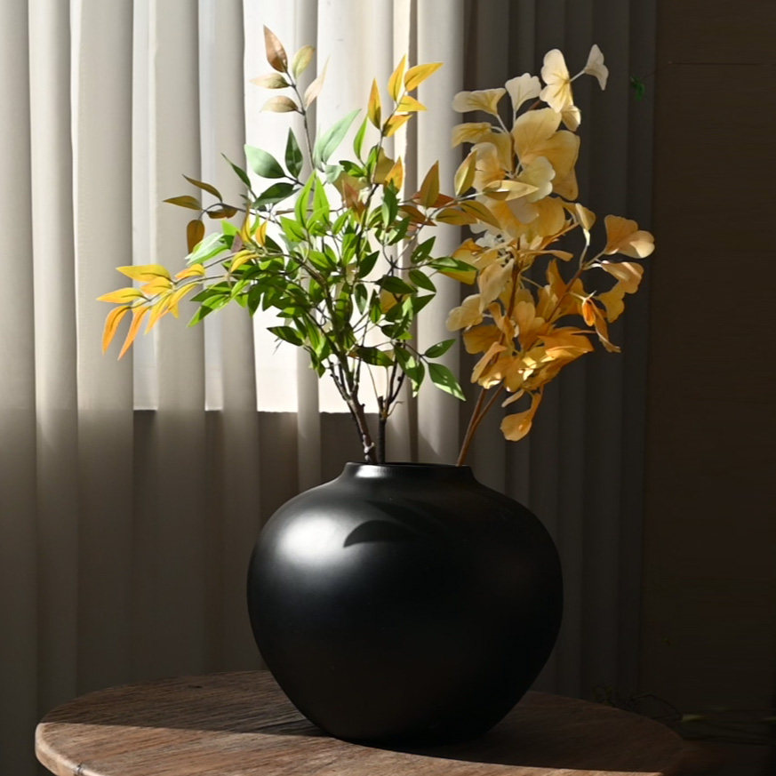 简约现代插花黑色陶罐花瓶客厅酒店样板间陶瓷摆件高级感装饰品