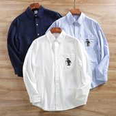 复古水洗全棉长袖 衬衫 男士 日单 春季 休闲百搭刺绣宽松翻领衬衣潮