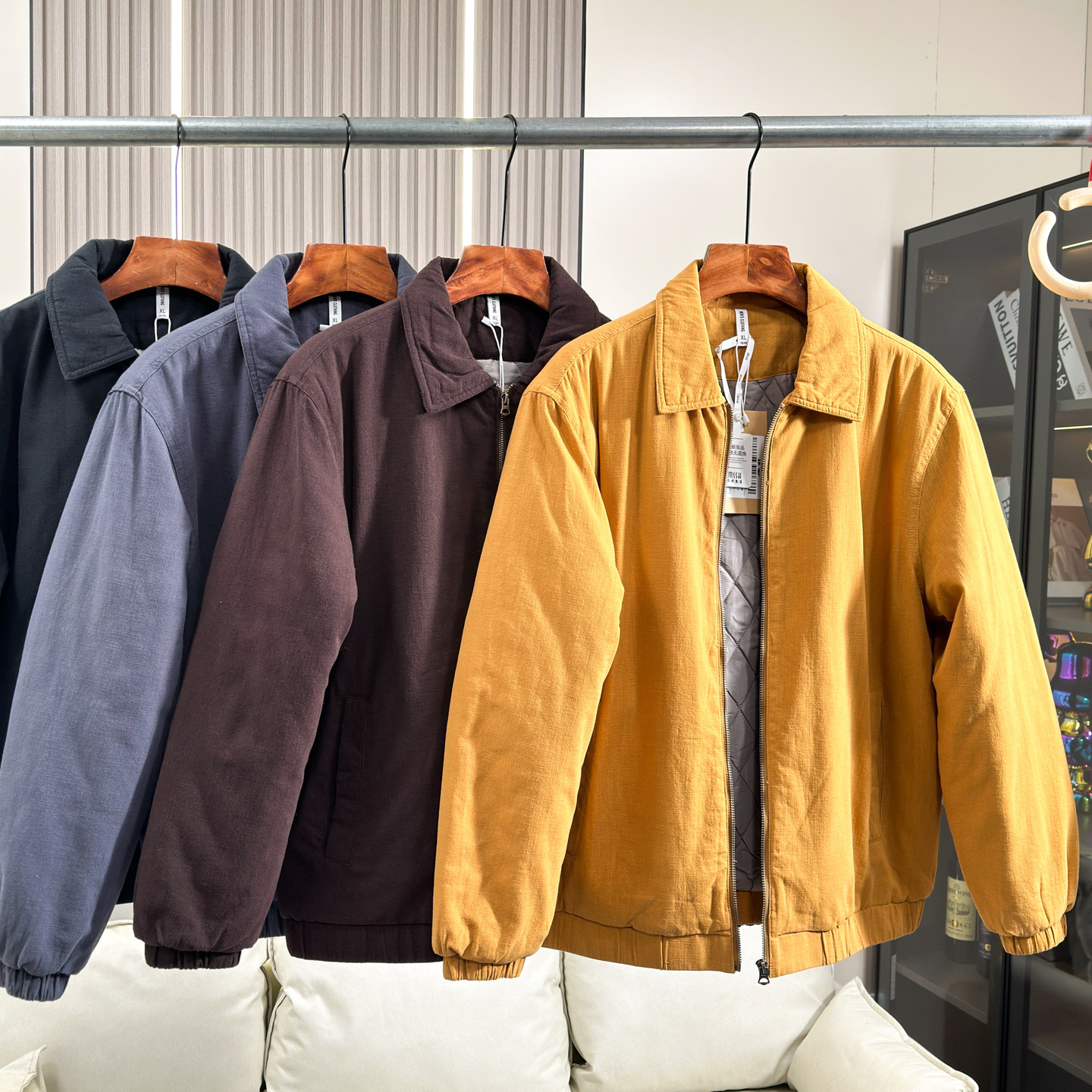 美式老钱风重磅棉麻水洗菱格夹棉秋冬男加厚休闲翻领棉衣夹克外套,男装,棉衣,淘宝优惠券,粉丝福利购,淘宝优惠卷