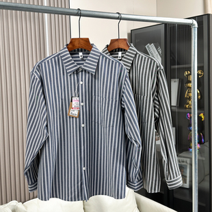 复古文艺~挺括有型！春季男士外贸宽松休闲条纹棉麻混纺长袖衬衫