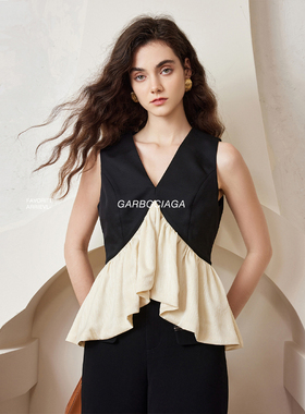 Garbociaga龍喜儿  小众设计精纺拼醋酸提花V领法式上衣 5440