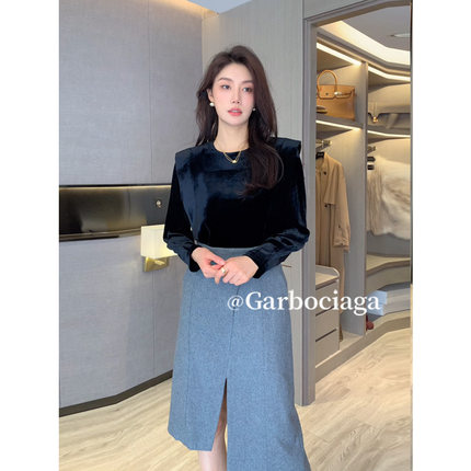 Garbociaga龙喜儿 摩登时尚 丝绒气质直角肩显瘦长袖上衣秋 0269