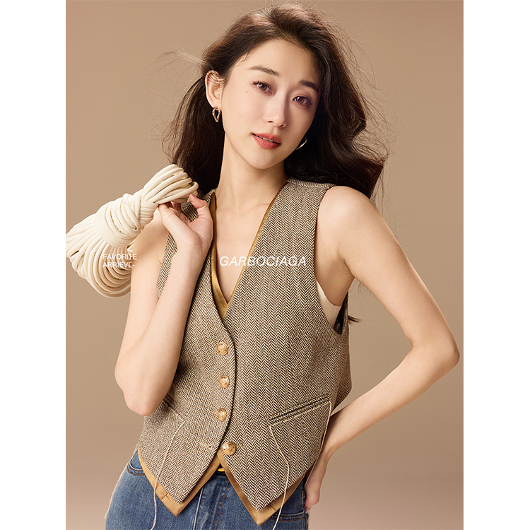 龍喜儿小众羊毛人字纹拼醋酸马甲