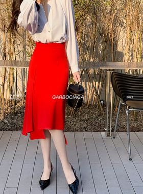 【进口限定】龍喜儿 安妮学姐 不对称开叉高密优雅气质半身裙6046