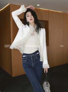Garbociaga龍喜儿 春意盎然 荷叶领花边白色网纱气质外套女春6232